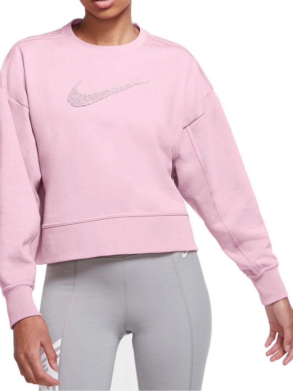 Nike Women's Light Pink Glitter Swoosh Crew Sweatshirt